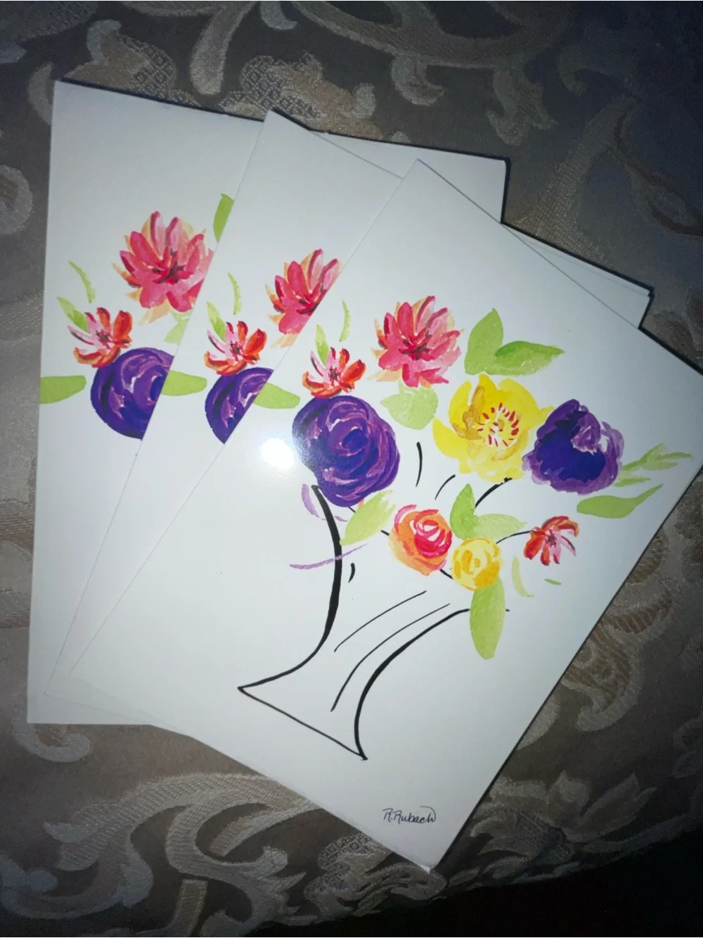 10 Floral Vase Notecards/Envelopes - Purple, Yellow, Pink - Blank Inside